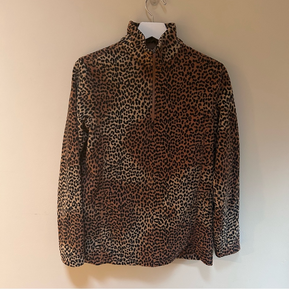LANDS’ END ~ Women’s Cheetah Pullover Fleece Long Sleeve Top in size Small Tall